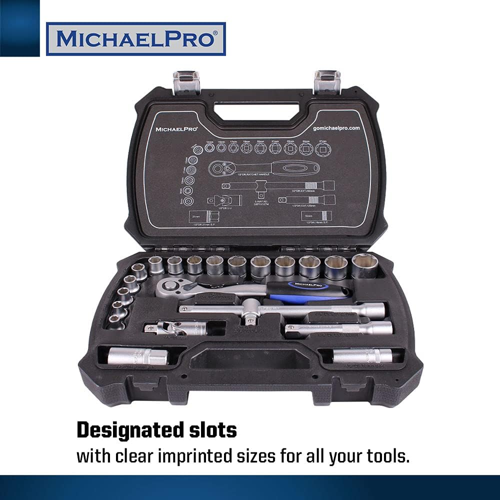 22 Pieces 1/2 Inch Dr. 72T Socket Spanner Ratchet Set with Metric Sockets and Bits (MP005011)