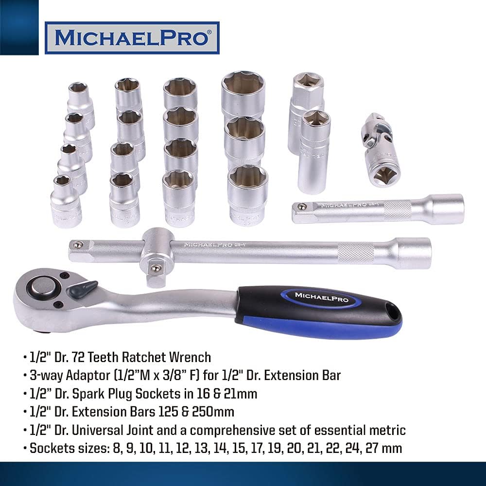 22 Pieces 1/2 Inch Dr. 72T Socket Spanner Ratchet Set with Metric Sockets and Bits (MP005011)