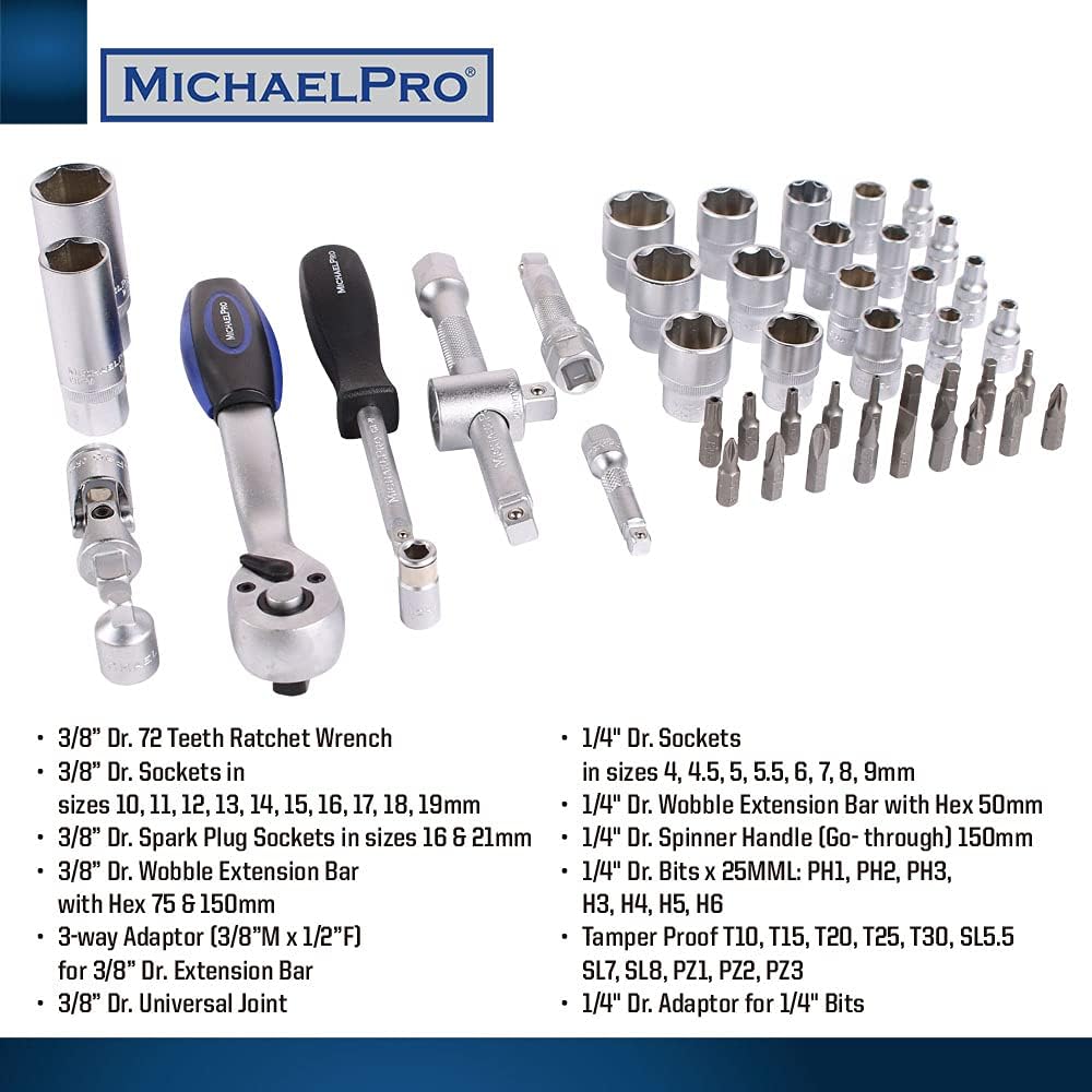 47-Piece 3/8" Dr.72T Socket Ratchet Wrench Set with Metric Sockets and Bits (MP005012)