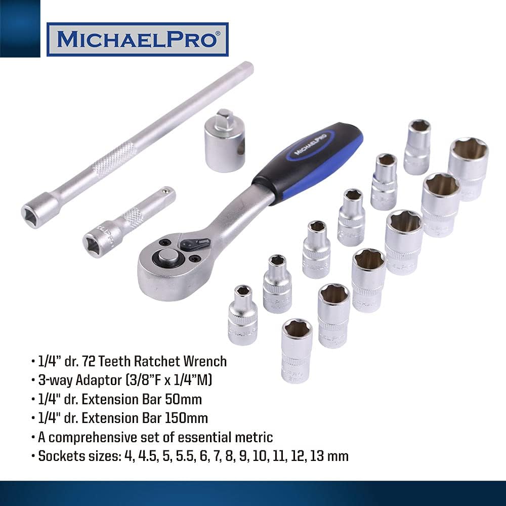 16-Pieces 1/4 Inch Dr. 72T Socket Spanner Ratchet Set with Metric Sockets (MP005013)
