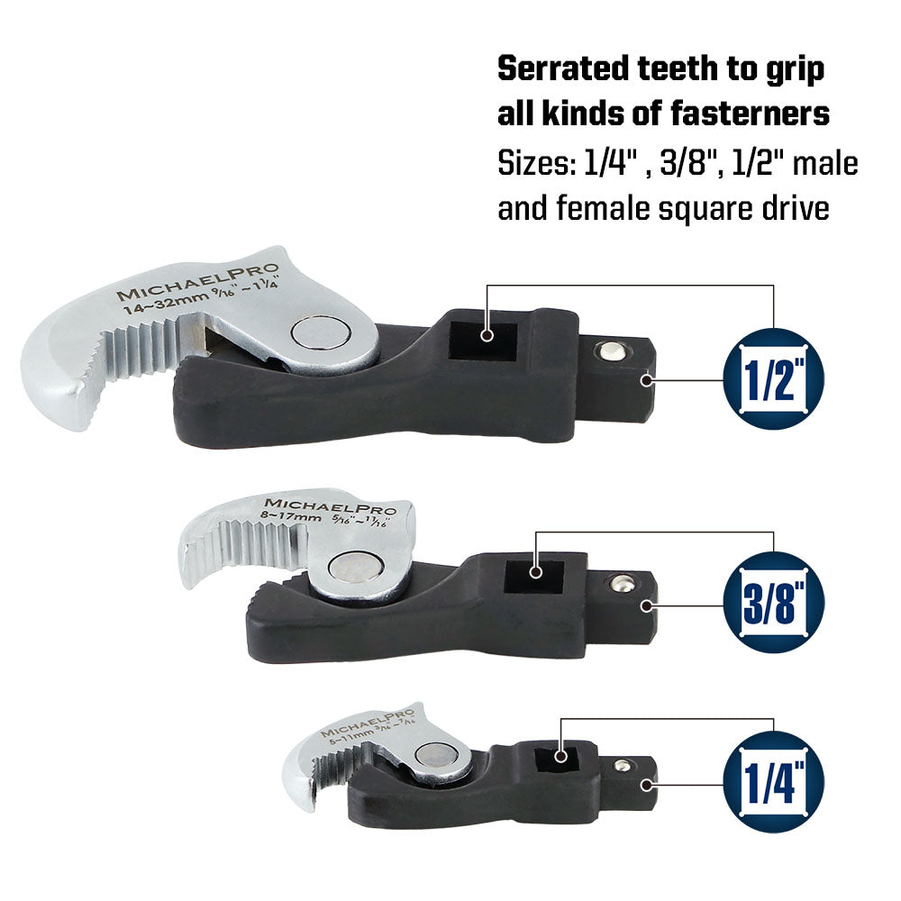 3-Piece Spring-Loaded Auto Size Adjusting Crowfoot Wrench Set (MP001205)
