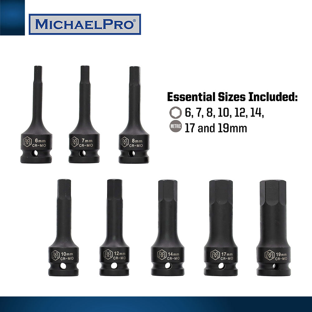 8-Piece 1/2” Drive Hex Bit Socket Set in Metric Sizes (MP005027)