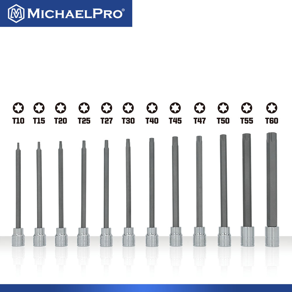 12-Piece 3/8” Drive 6-Inches Long Torx Bit Socket Set, T10 to T60 (MP012019)